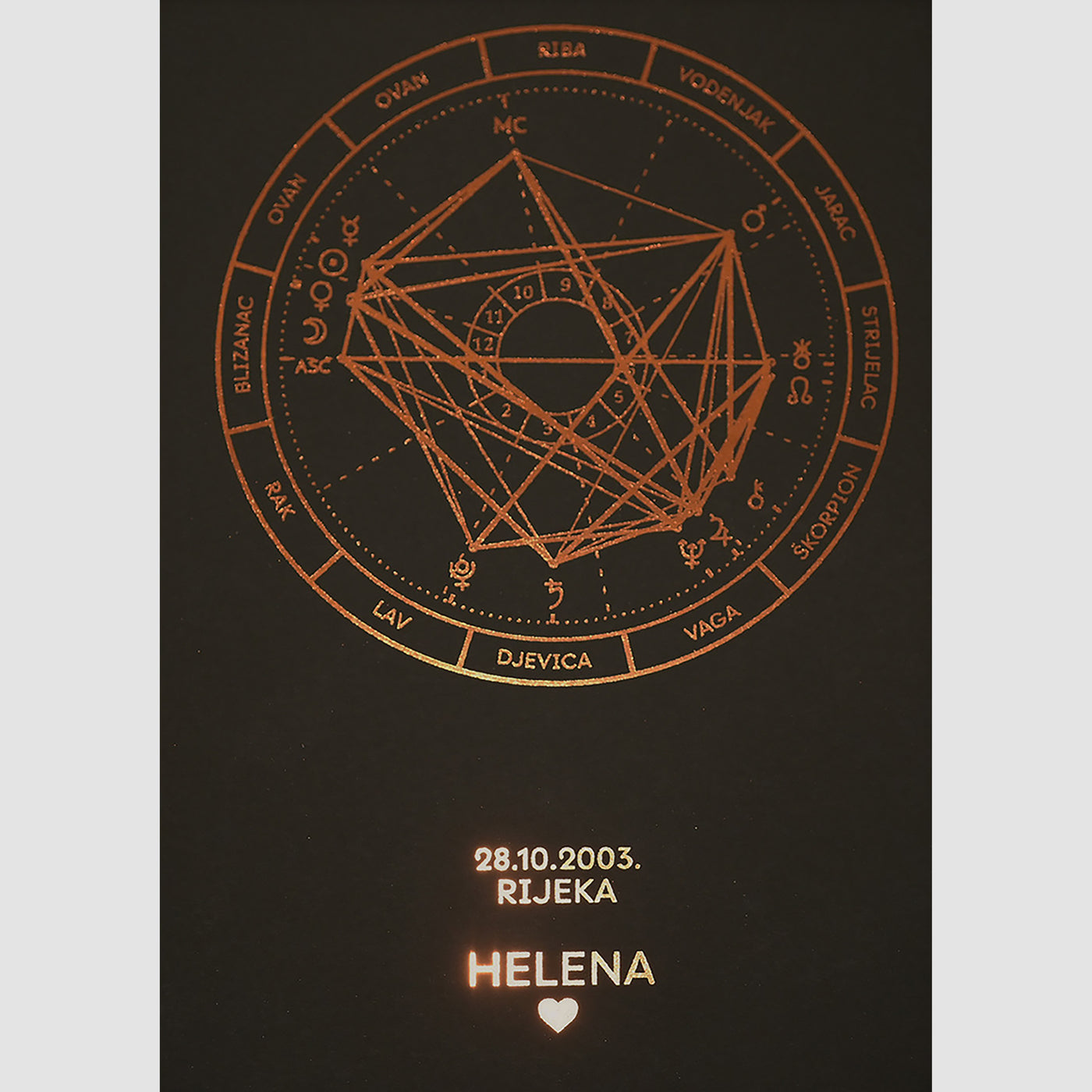 personalizirana natalna karta s mjestom rođenja i metalnom folijom