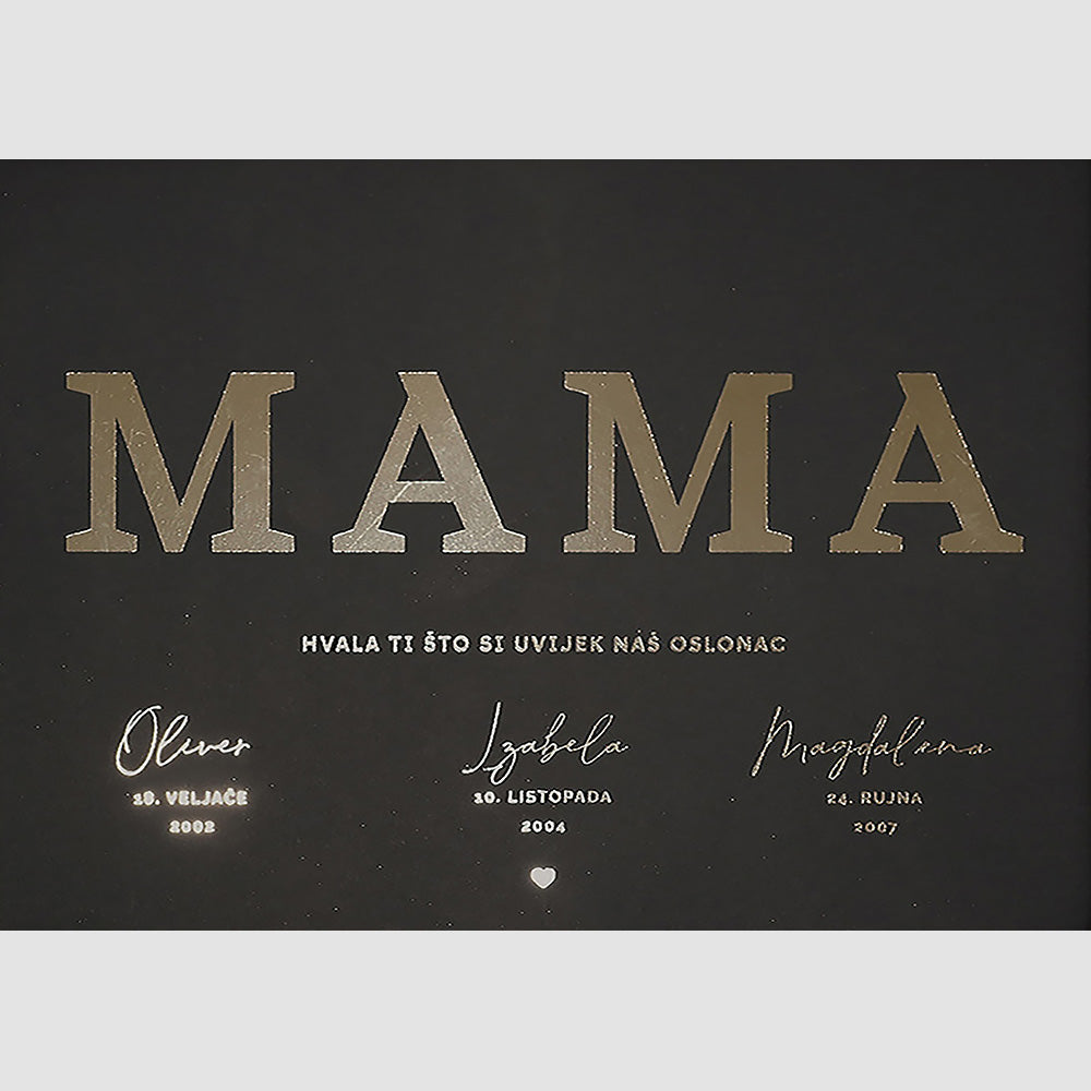 vodoravni print imena mame i djece s metalnom folijom