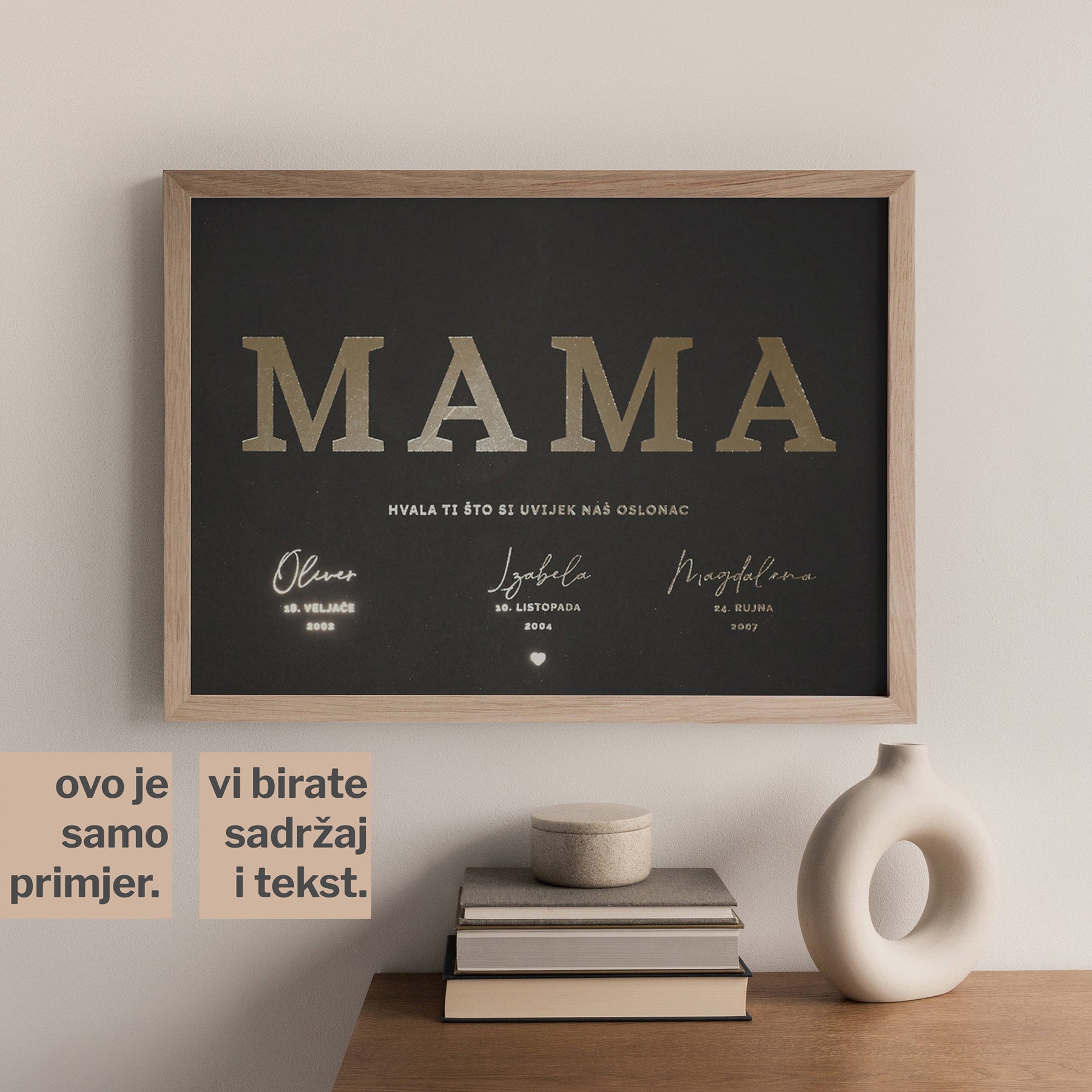 vodoravni print imena mame i djece s metalnom folijom