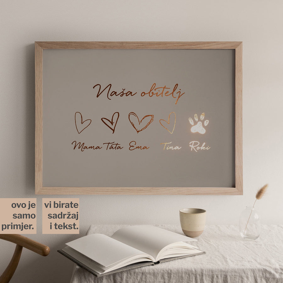 naša obitelj s članovima personalizirani print s metalnom folijom