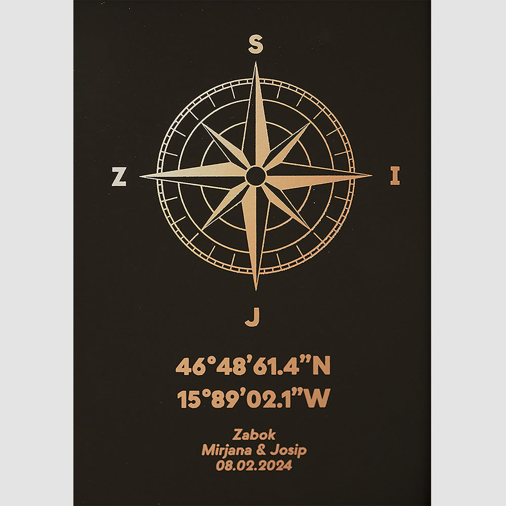 kompas s koordinatama i posvetom print s metalnom folijom
