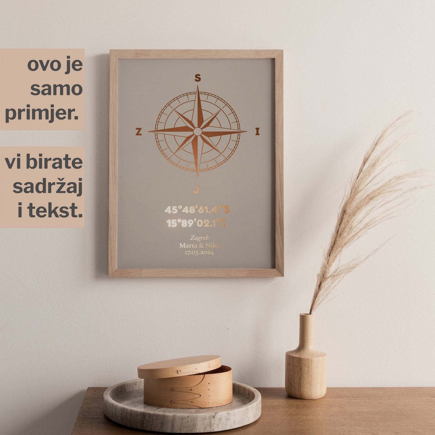 personalizirani print kompasa s koordinatama i posvetom s metalnom folijom