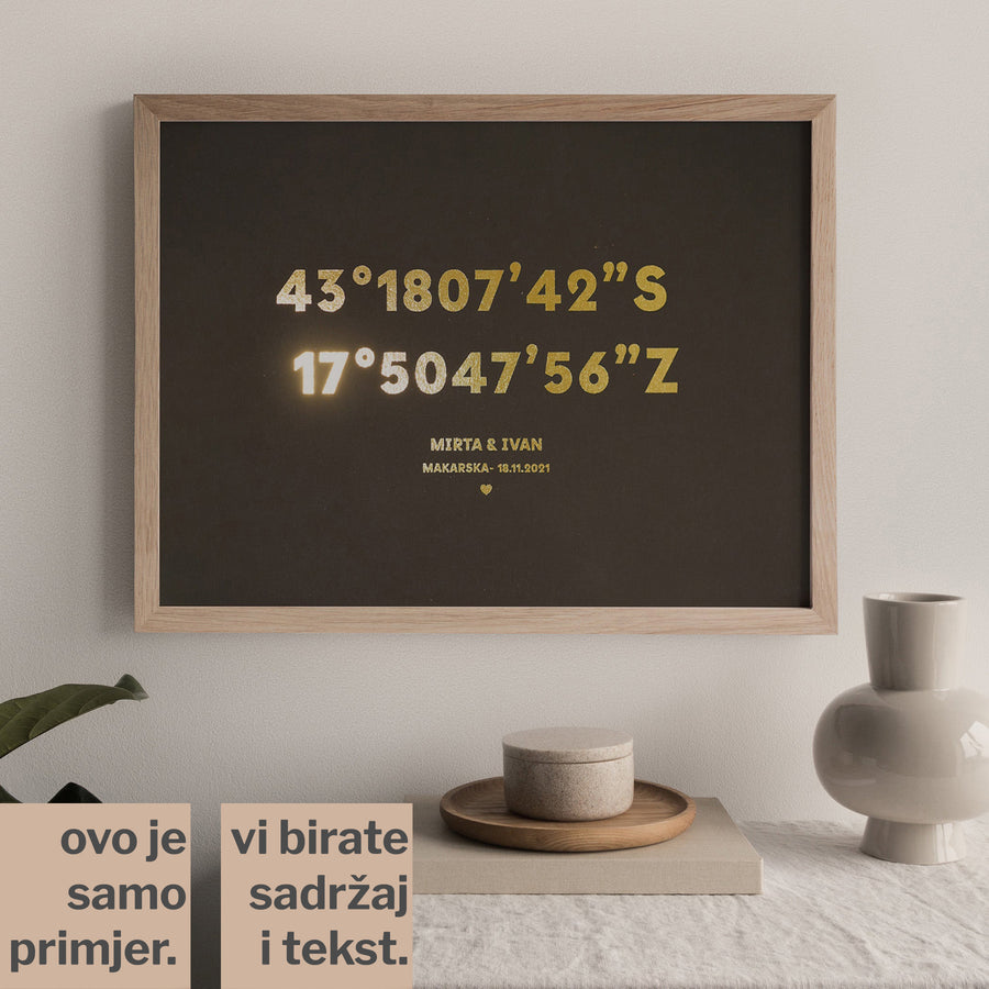 koordinate mjesta personalizirani print s metalnom folijom